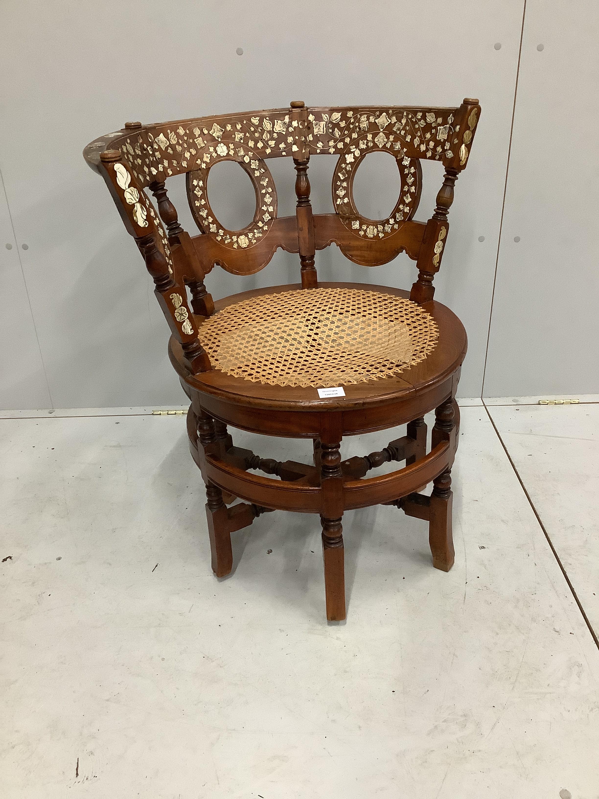 An Italian ivory inlaid hardwood tub framed cane seat chair, width 71cm, depth 54cm, height 81cm CITES Submission reference, DH2DHR66